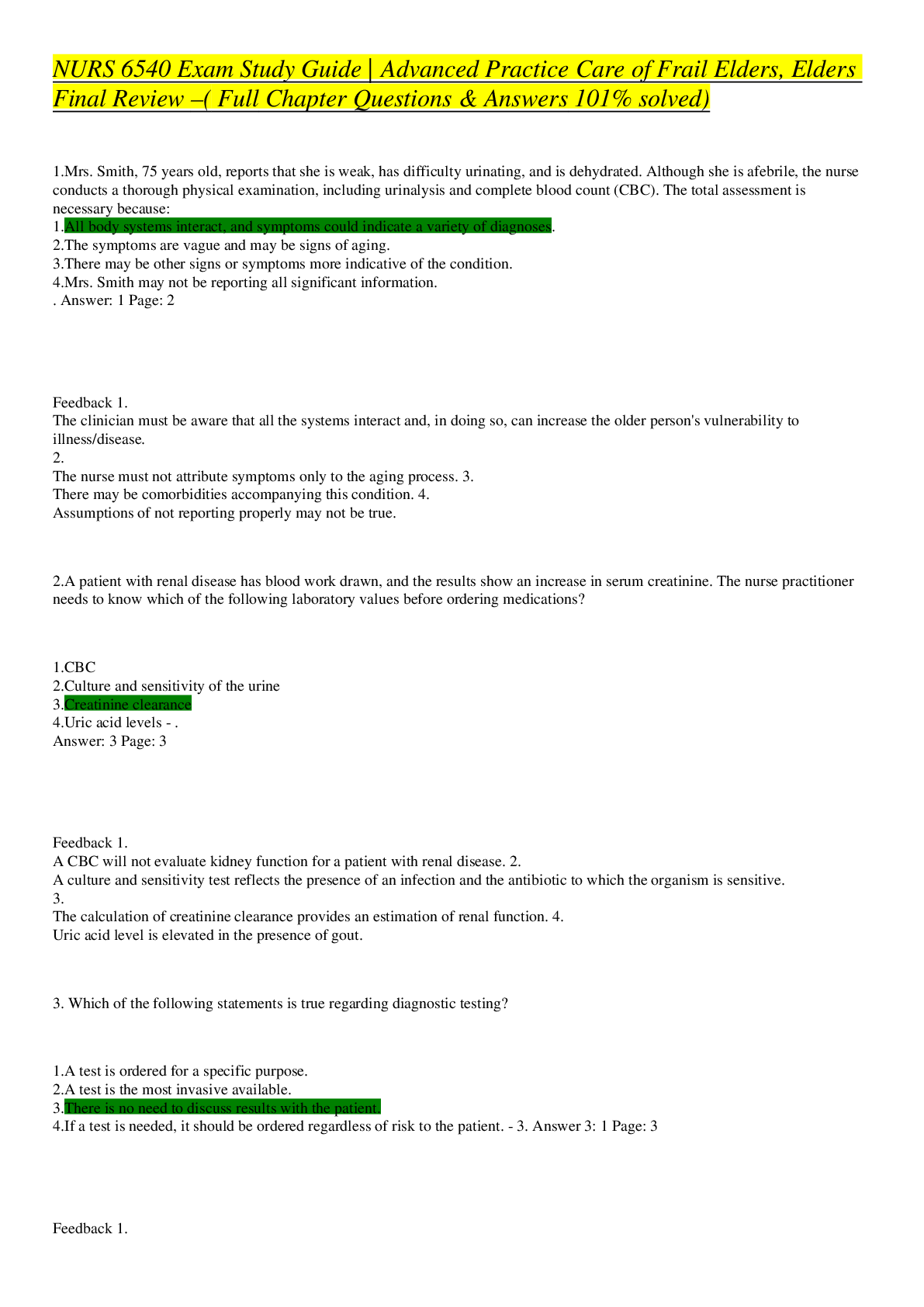 Preview image for NURS 6540 Exam Study Guide | Advanced Practice Care of Frail Elders, Elders Final Review –( Full Chapter Questions & Answers 101% solved)